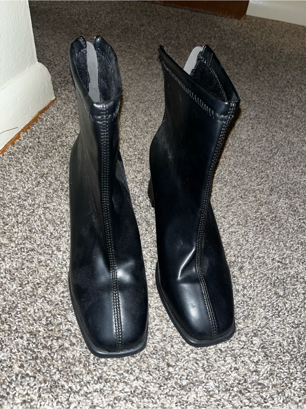 Black Stretch Leather Ankle Boots - Sleek Square Toe